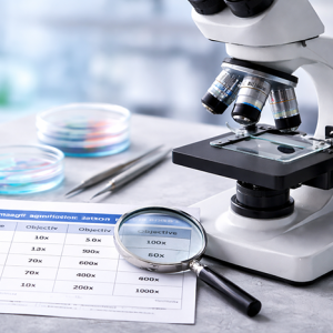 Microscope and magnification chart on a lab table