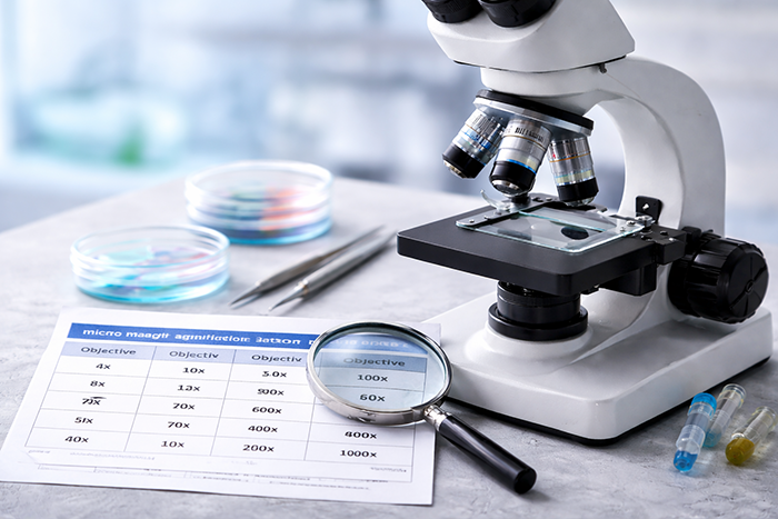 Microscope and magnification chart on a lab table