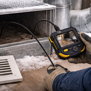 Professional using HVAC camera to check ducts for leaks, debris, and mold